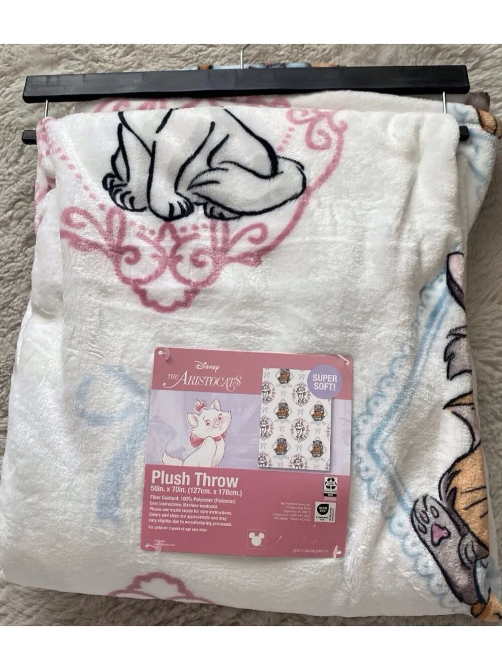 Disney The Aristocats Marie Toulouse & Berlioz White Plush Throw Blanket 50”x70”